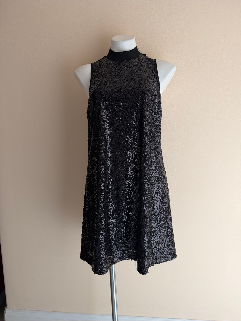 Guess Black Sequin Mock Neck Mini Dress